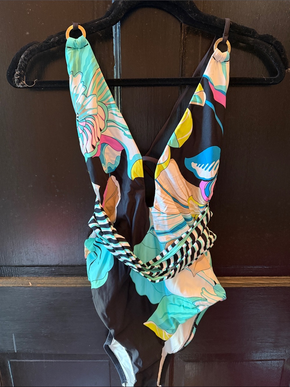 Trina Turk Girls Floral One-Piece Swimsuit in Turquoise, Black & Yellow Accents